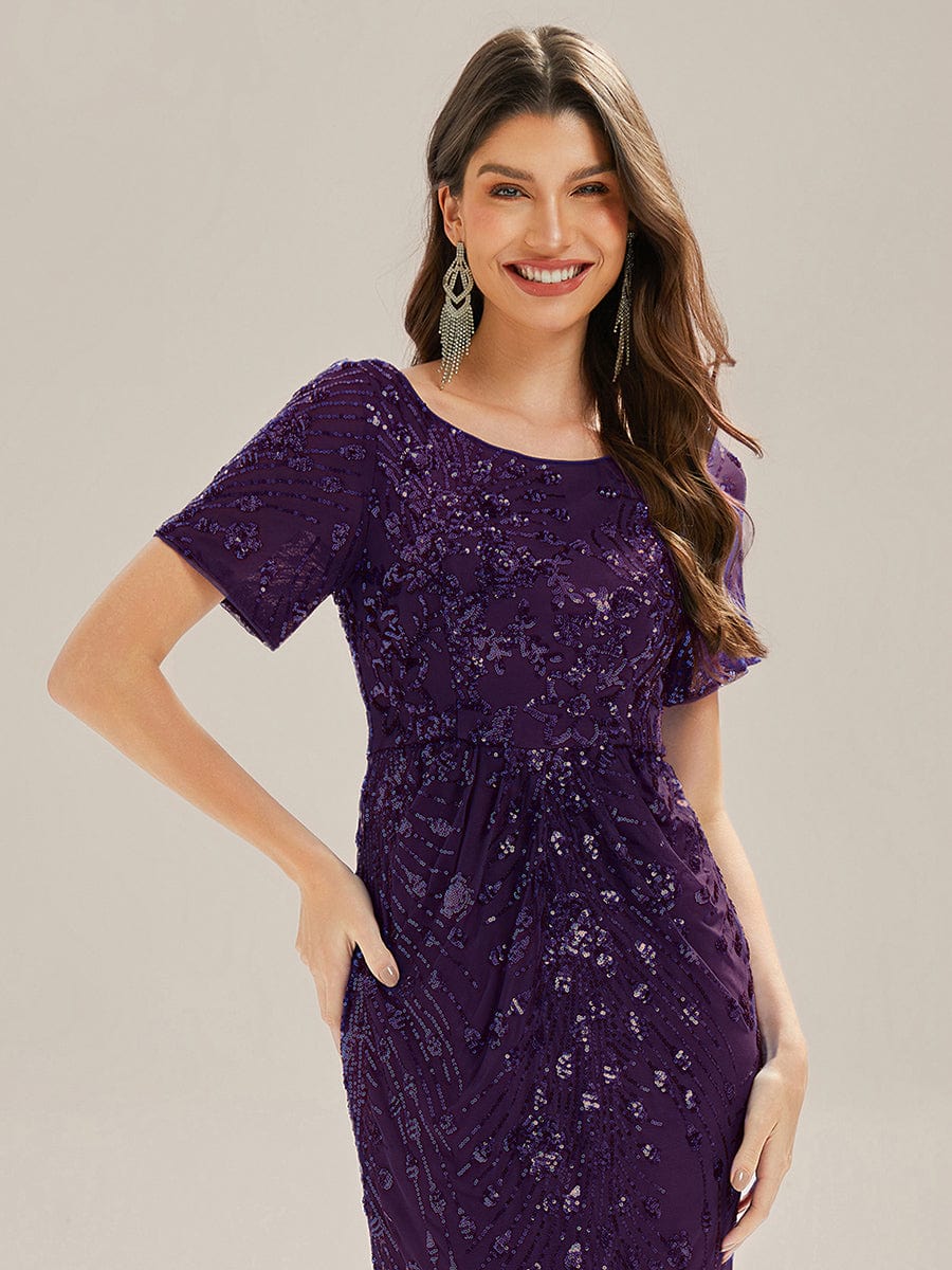 Sequin Mermaid Round Neck Evening Dress #color_Dark Purple