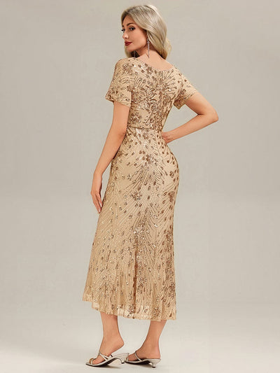Sequin Mermaid Round Neck Evening Dress #color_Gold