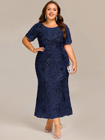 Sequin Mermaid Round Neck Evening Dress #color_Navy Blue