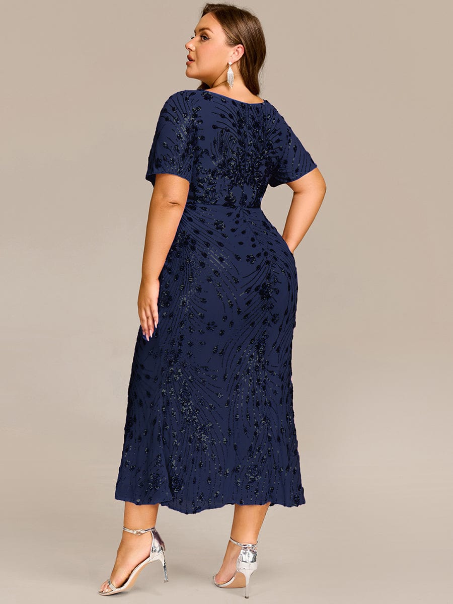 Sequin Mermaid Round Neck Evening Dress #color_Navy Blue