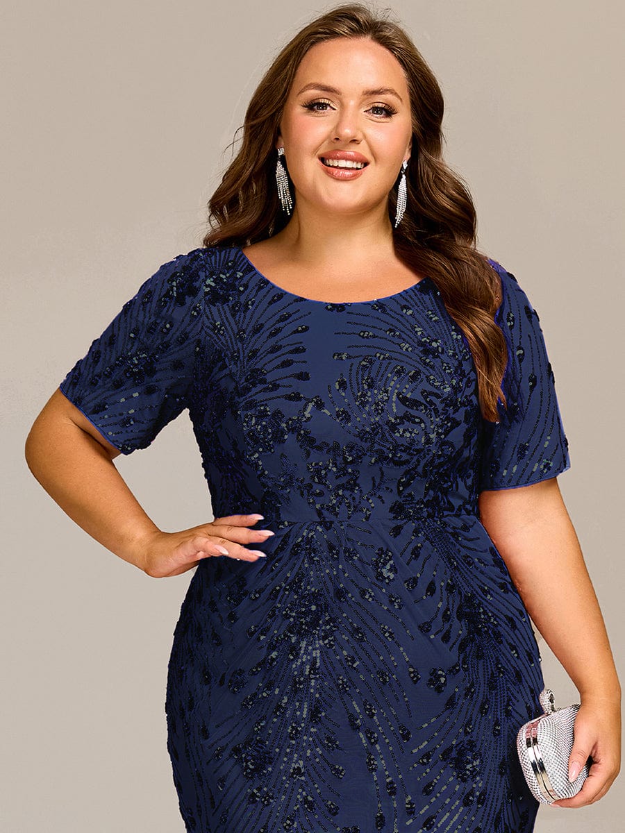 Sequin Mermaid Round Neck Evening Dress #color_Navy Blue