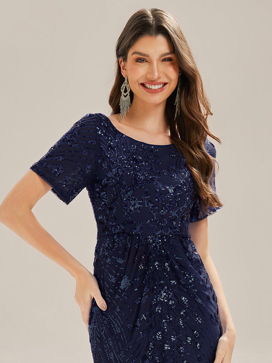 Sequin Mermaid Round Neck Evening Dress #color_Navy Blue