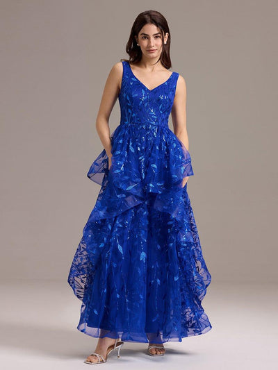 Leaf Sequin Evening Dress #color_Sapphire Blue