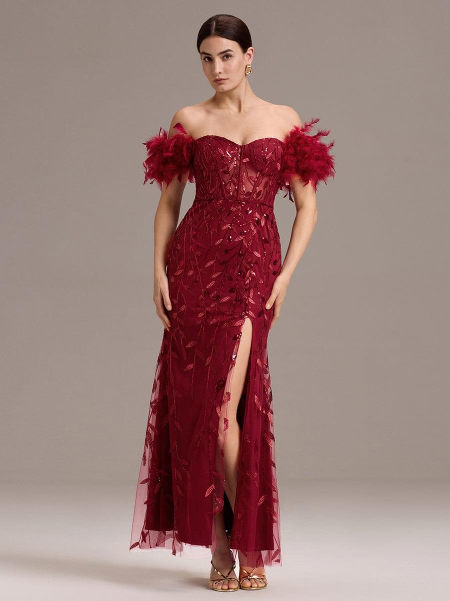 Leaf Sequin Off Shoulder High Slit Feather Evening Dress #color_Burgundy
