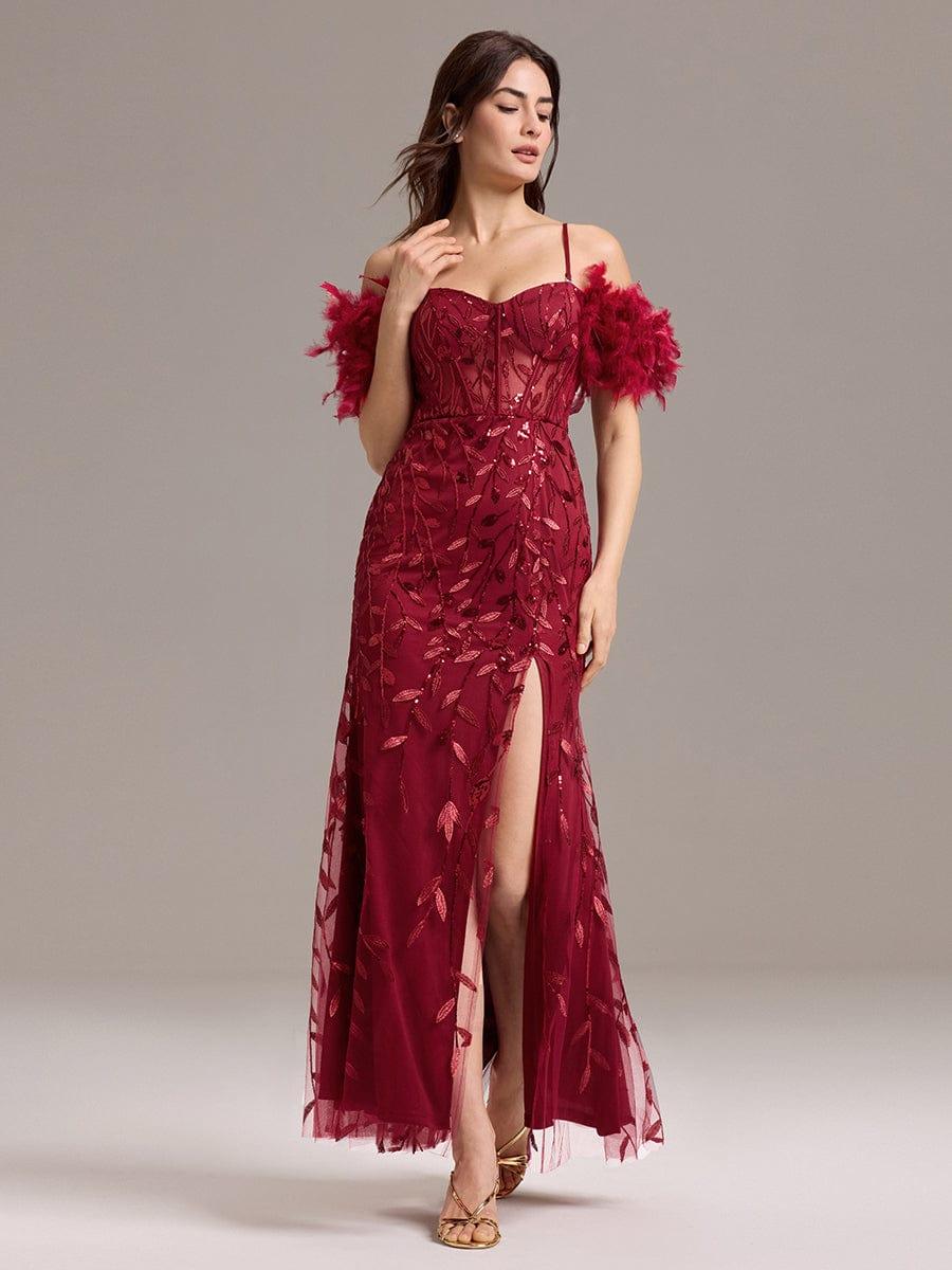 Leaf Sequin Off Shoulder High Slit Feather Evening Dress #color_Burgundy