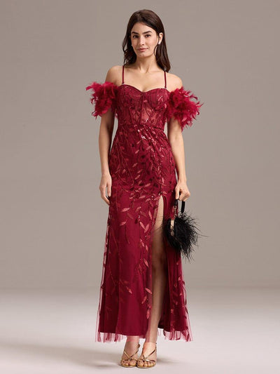 Leaf Sequin Off Shoulder High Slit Feather Evening Dress #color_Burgundy