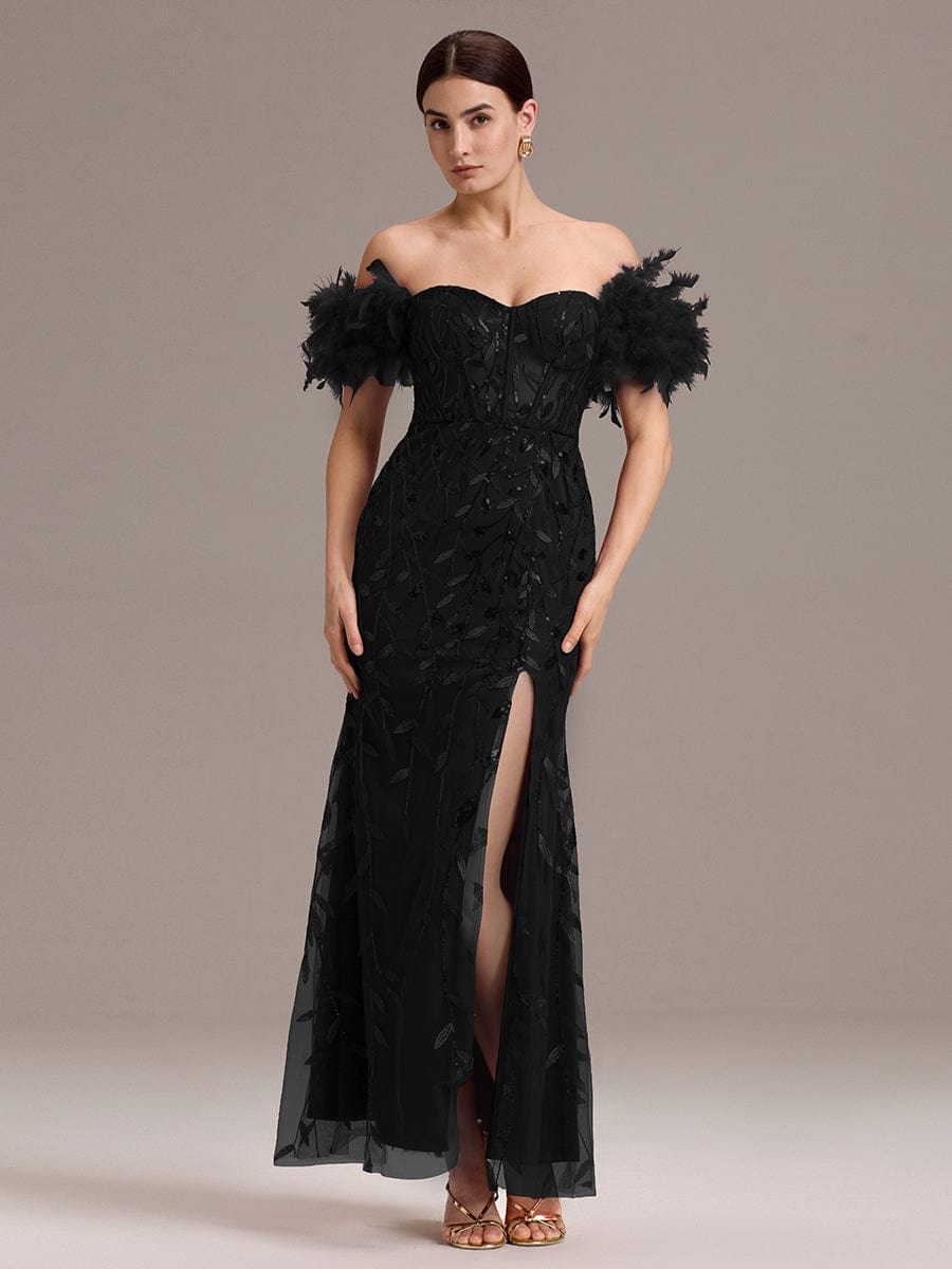 Leaf Sequin Off Shoulder High Slit Feather Evening Dress #color_Black