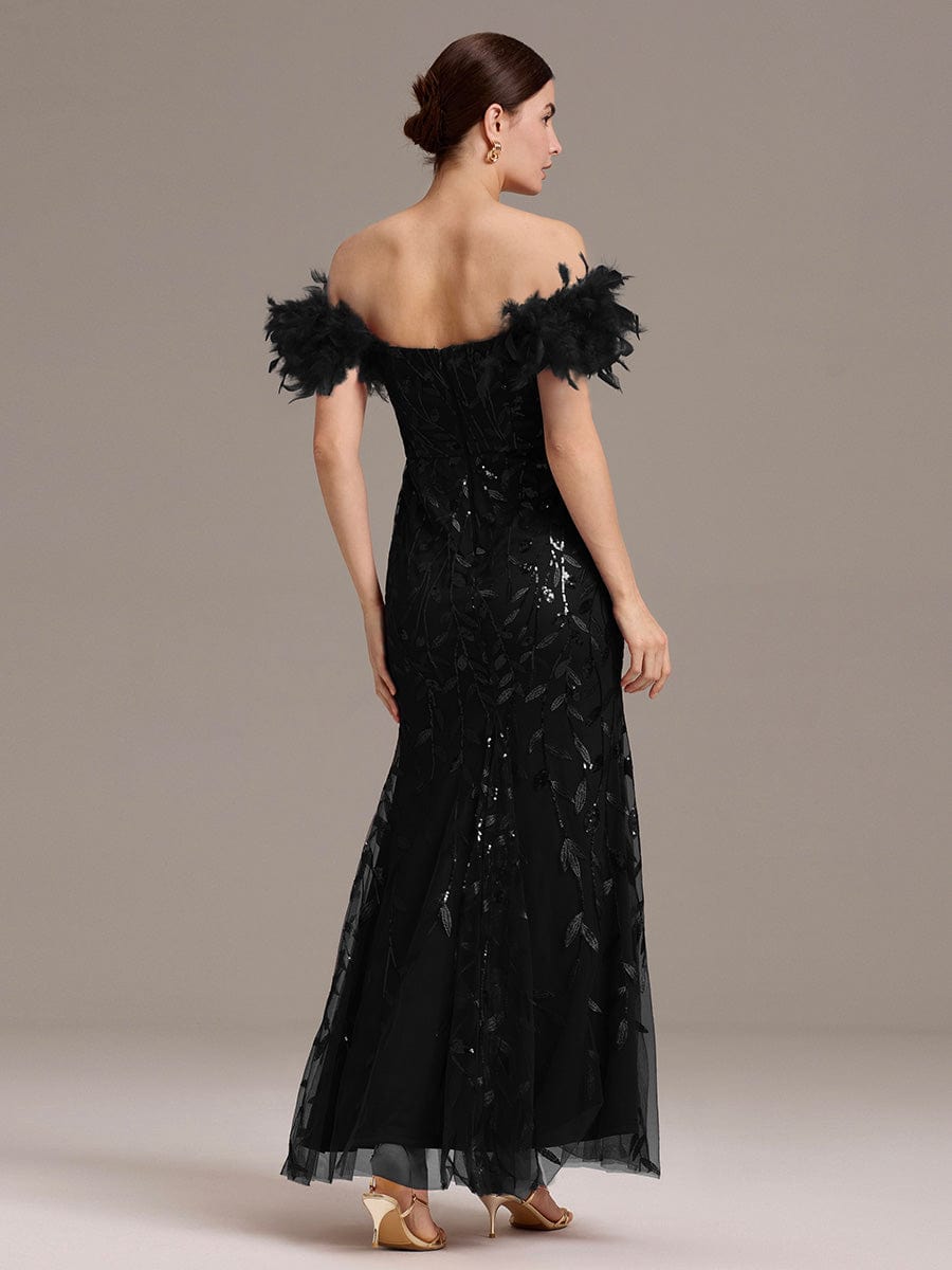 Leaf Sequin Off Shoulder High Slit Feather Evening Dress #color_Black