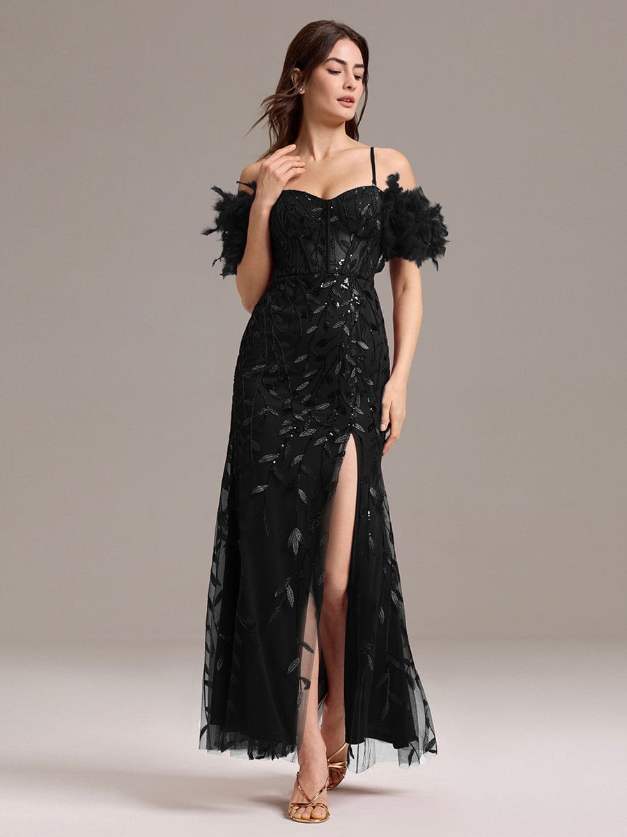 Leaf Sequin Off Shoulder High Slit Feather Evening Dress #color_Black