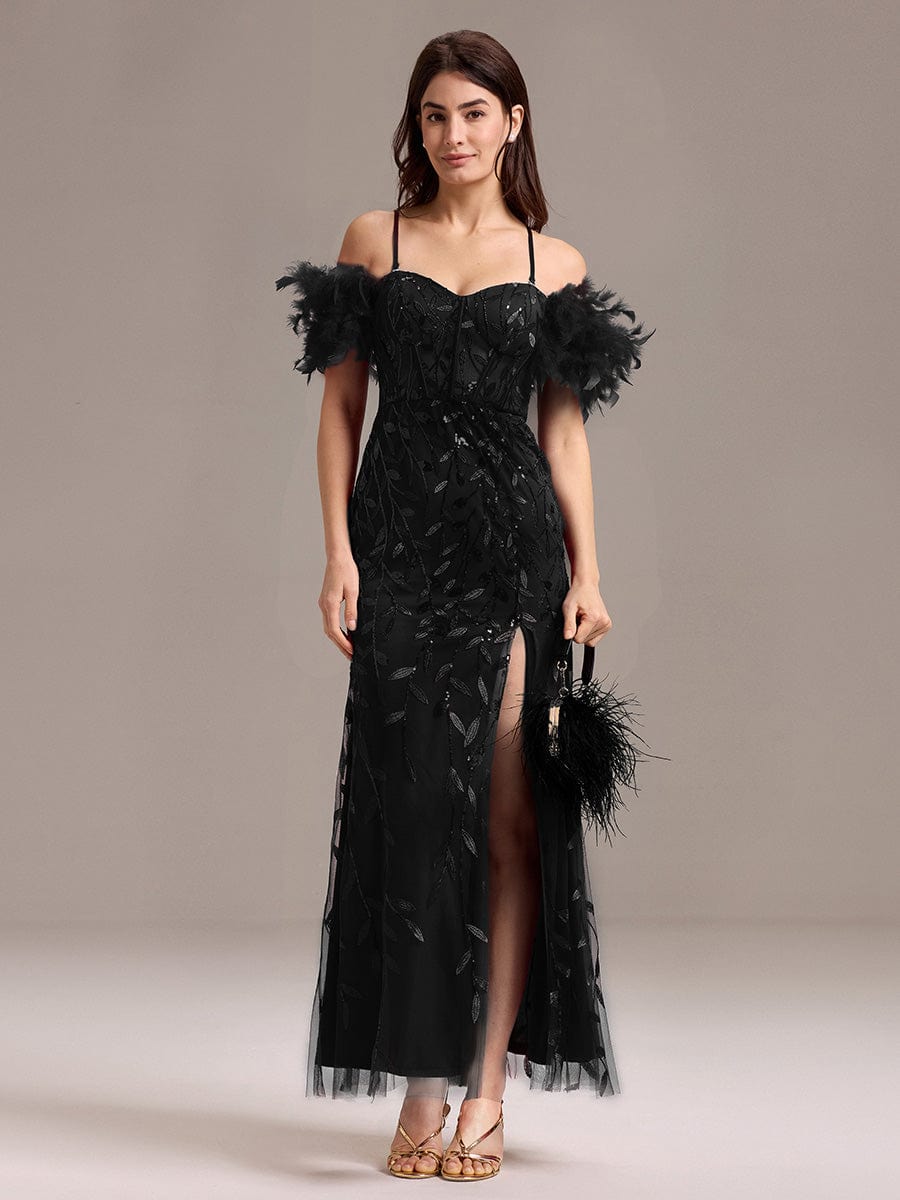 Leaf Sequin Off Shoulder High Slit Feather Evening Dress #color_Black