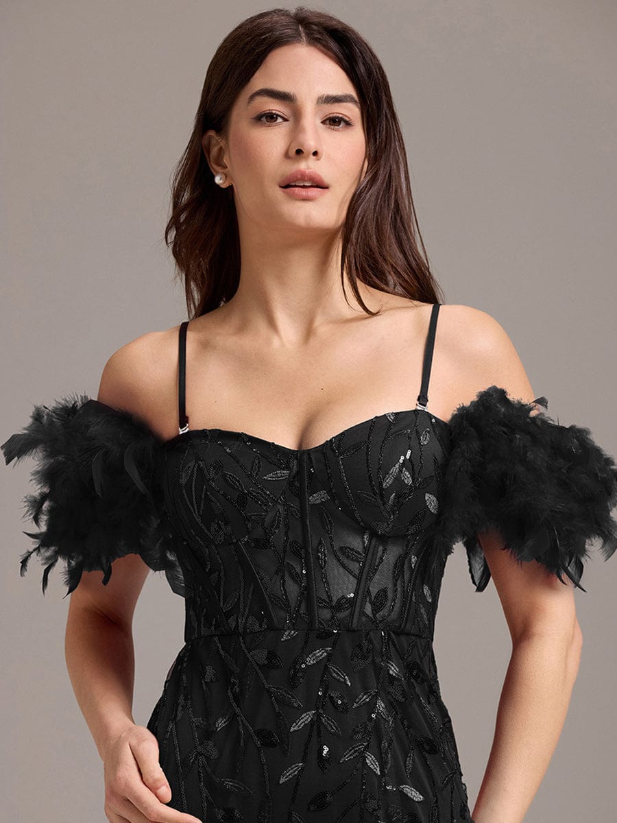 Leaf Sequin Off Shoulder High Slit Feather Evening Dress #color_Black