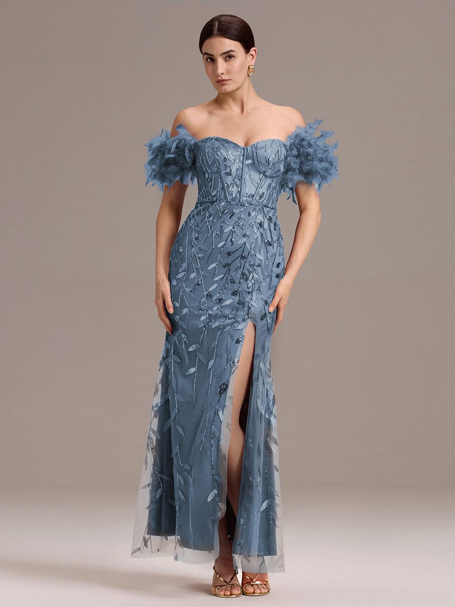 Leaf Sequin Off Shoulder High Slit Feather Evening Dress #color_Dusty Blue