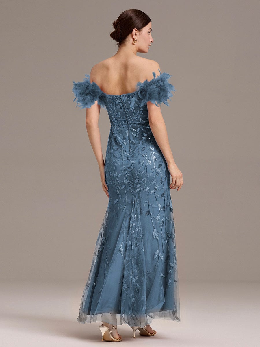 Leaf Sequin Off Shoulder High Slit Feather Evening Dress #color_Dusty Blue