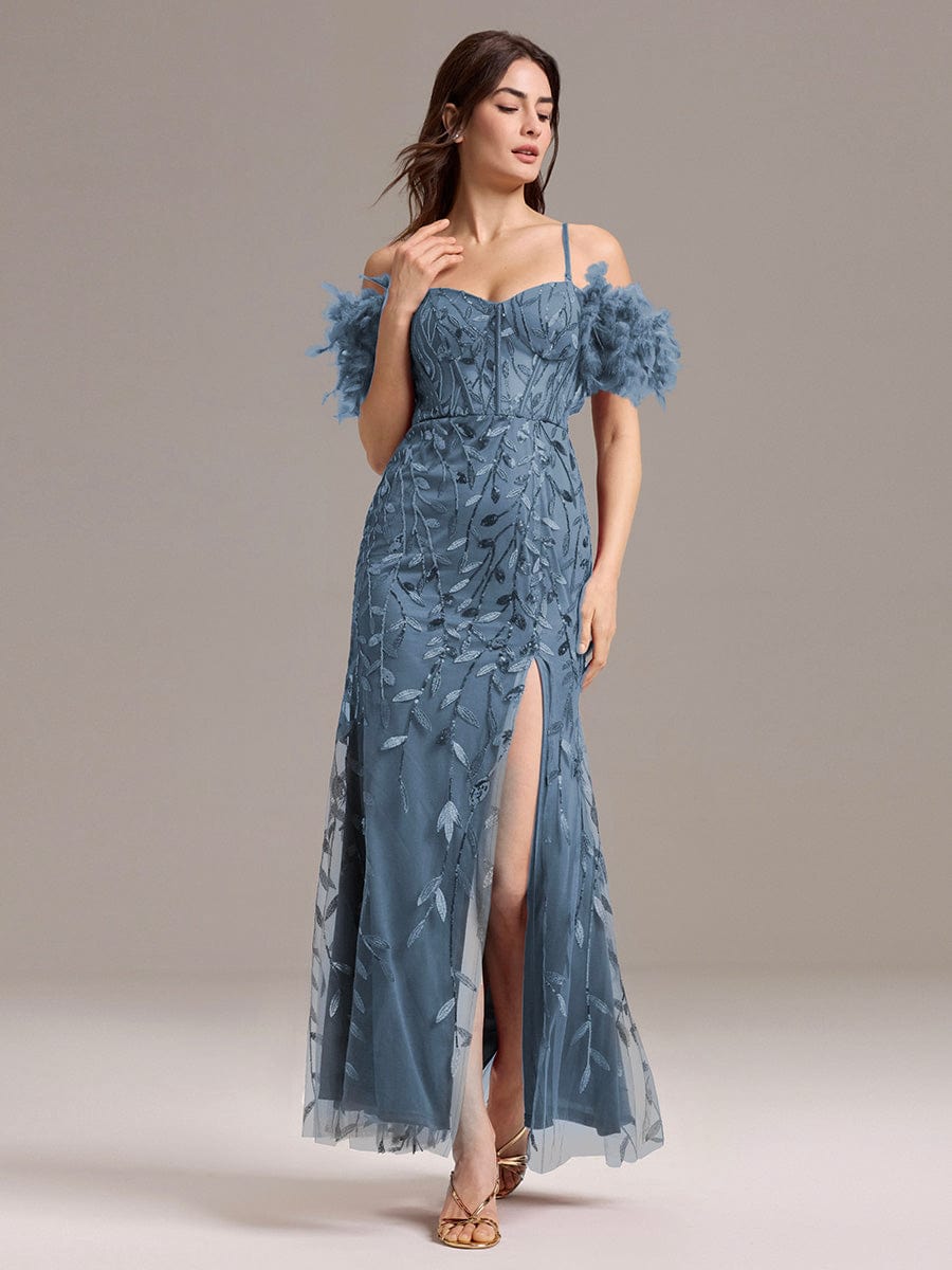 Leaf Sequin Off Shoulder High Slit Feather Evening Dress #color_Dusty Blue