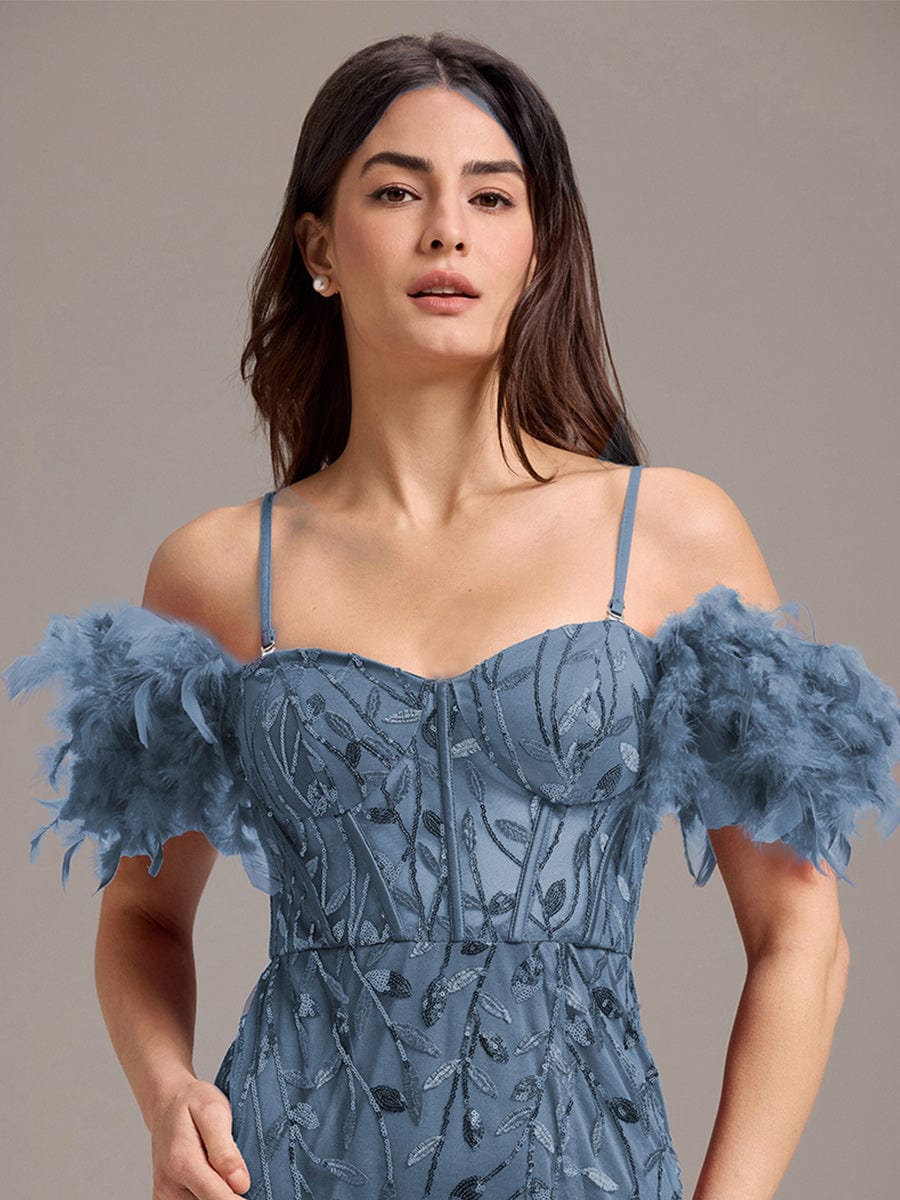 Leaf Sequin Off Shoulder High Slit Feather Evening Dress #color_Dusty Blue