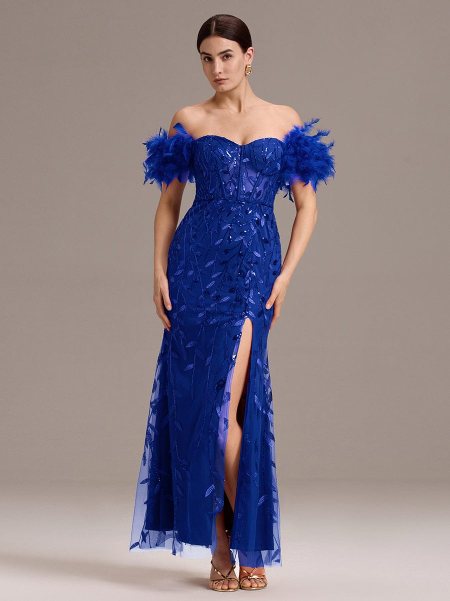 Leaf Sequin Off Shoulder High Slit Feather Evening Dress #color_Sapphire Blue