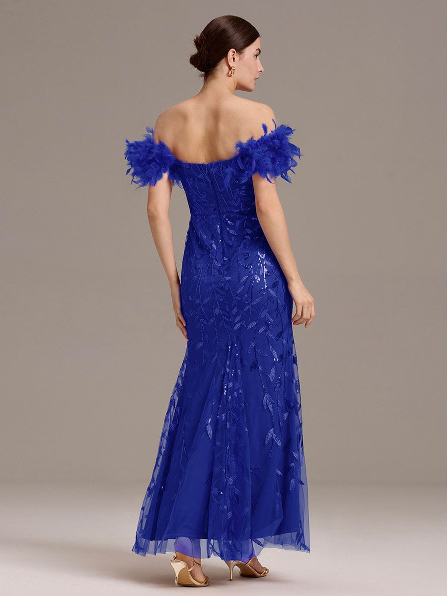 Leaf Sequin Off Shoulder High Slit Feather Evening Dress #color_Sapphire Blue