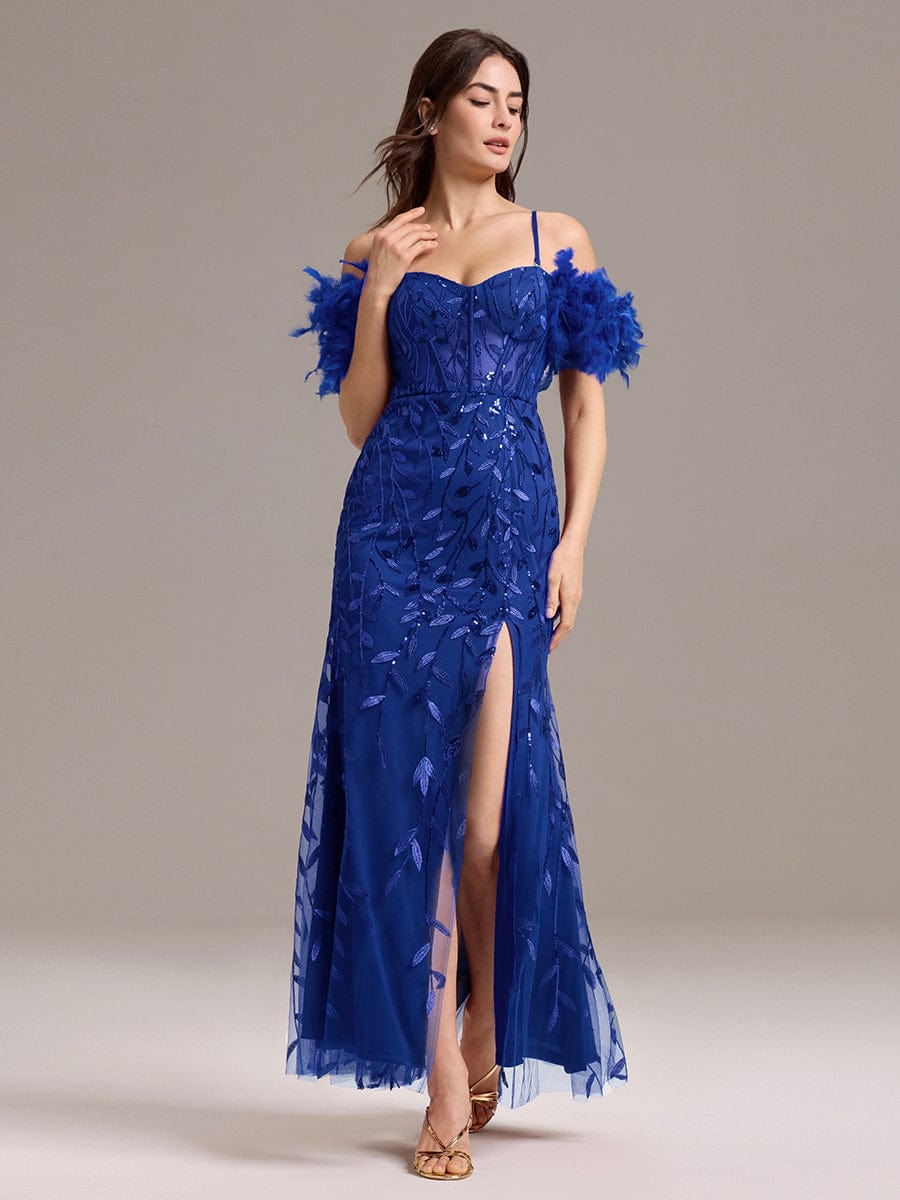 Leaf Sequin Off Shoulder High Slit Feather Evening Dress #color_Sapphire Blue