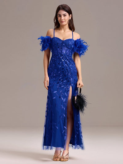 Leaf Sequin Off Shoulder High Slit Feather Evening Dress #color_Sapphire Blue