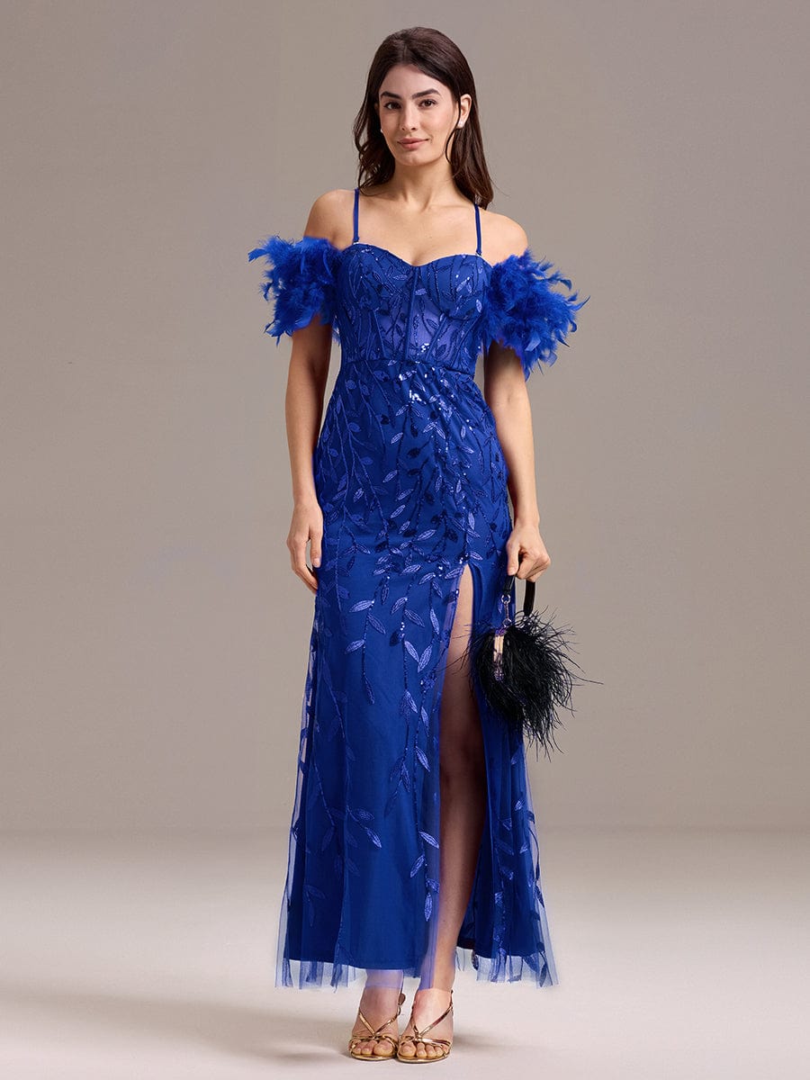 Leaf Sequin Off Shoulder High Slit Feather Evening Dress #color_Sapphire Blue