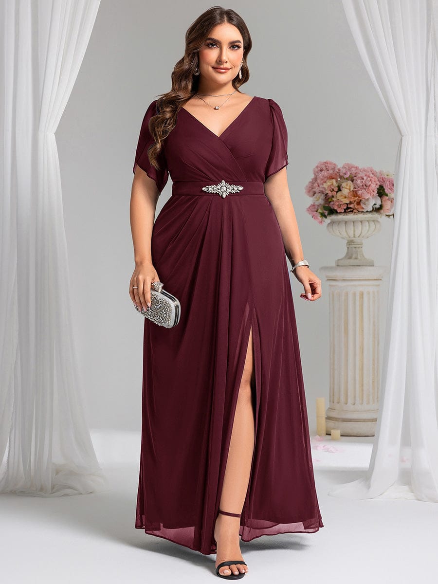 Rhinestone Embellished Chiffon Ruffle Sleeve Evening Dress #color_Burgundy