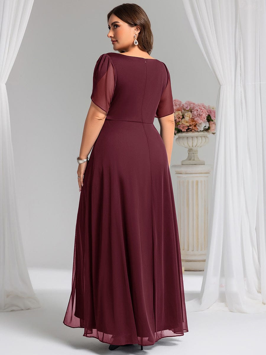 Rhinestone Embellished Chiffon Ruffle Sleeve Evening Dress #color_Burgundy