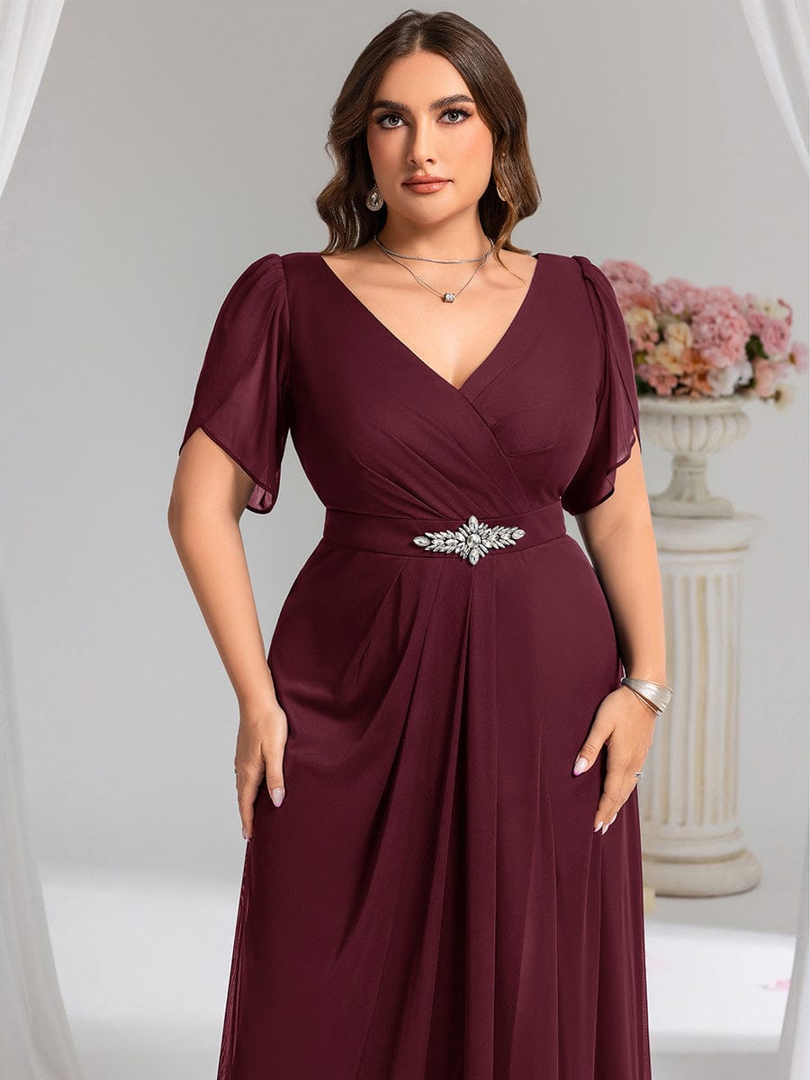 Rhinestone Embellished Chiffon Ruffle Sleeve Evening Dress #color_Burgundy