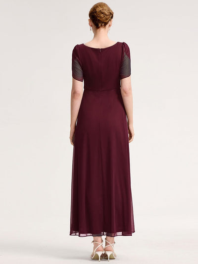 Rhinestone Embellished Chiffon Ruffle Sleeve Evening Dress #color_Burgundy