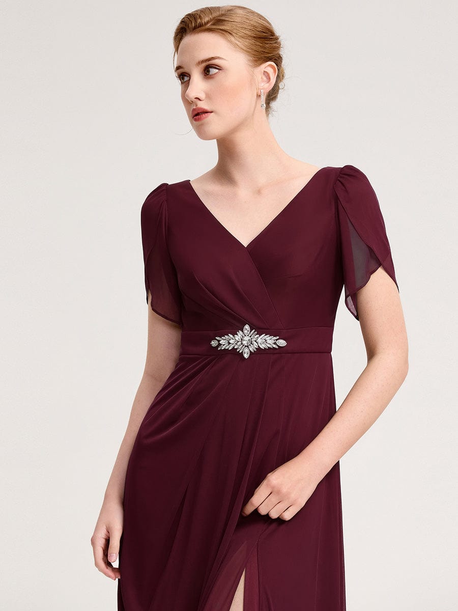Rhinestone Embellished Chiffon Ruffle Sleeve Evening Dress #color_Burgundy