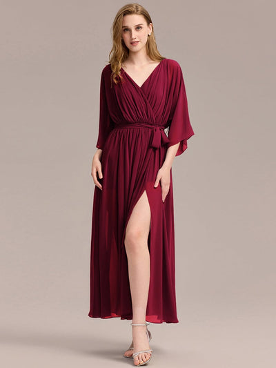 Slit Chiffon Drop Shoulder Sleeve Evening Dress #color_Burgundy