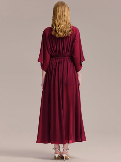 Slit Chiffon Drop Shoulder Sleeve Evening Dress #color_Burgundy