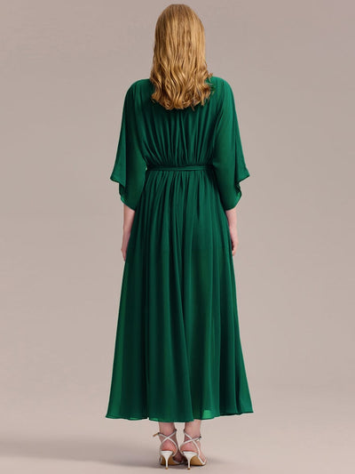 Slit Chiffon Drop Shoulder Sleeve Evening Dress #color_Dark Green