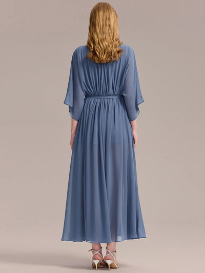 Slit Chiffon Drop Shoulder Sleeve Evening Dress #color_Dusty Blue