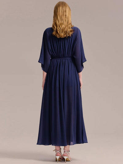 Slit Chiffon Drop Shoulder Sleeve Evening Dress #color_Navy Blue