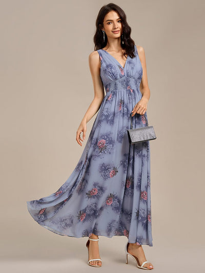 V Neck Floral Sleeveless Maxi Evening Dress #color_Dusty Peony