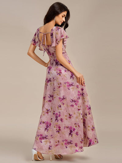 Floral Tie Back Ruffle Sleeves Square Neck Maxi Evening Dress #color_Light Purple Print