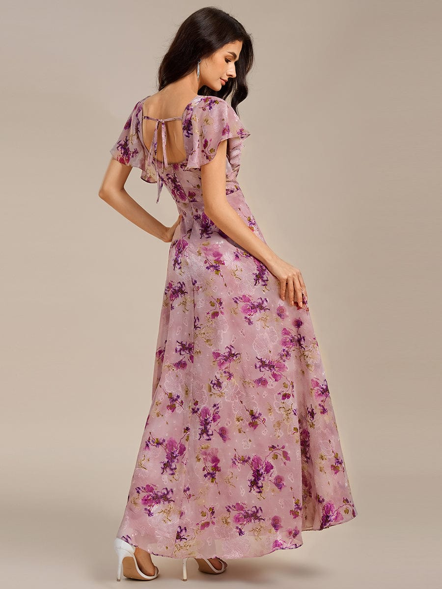 Floral Tie Back Ruffle Sleeves Square Neck Maxi Evening Dress #color_Light Purple Print