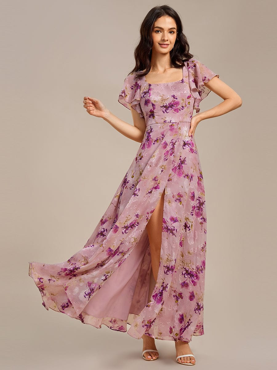 Floral Tie Back Ruffle Sleeves Square Neck Maxi Evening Dress #color_Light Purple Print