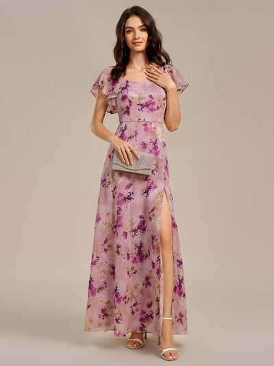 Floral Tie Back Ruffle Sleeves Square Neck Maxi Evening Dress #color_Light Purple Print