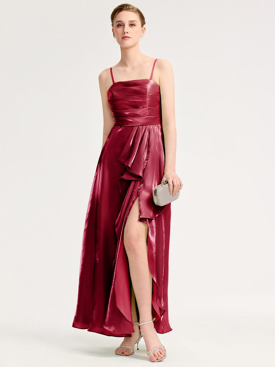 Handkerchief Side Slit Satin Evening Dress #color_Burgundy