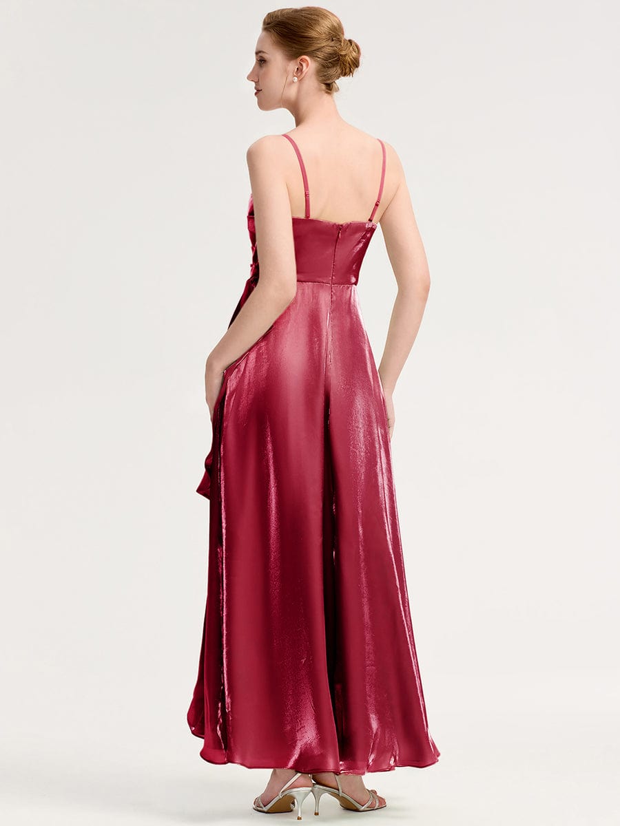 Handkerchief Side Slit Satin Evening Dress #color_Burgundy