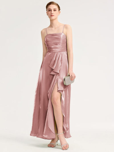 Handkerchief Side Slit Satin Evening Dress #color_Dusty Rose