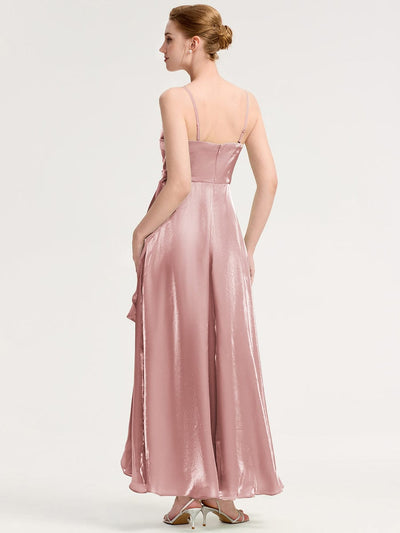 Handkerchief Side Slit Satin Evening Dress #color_Dusty Rose