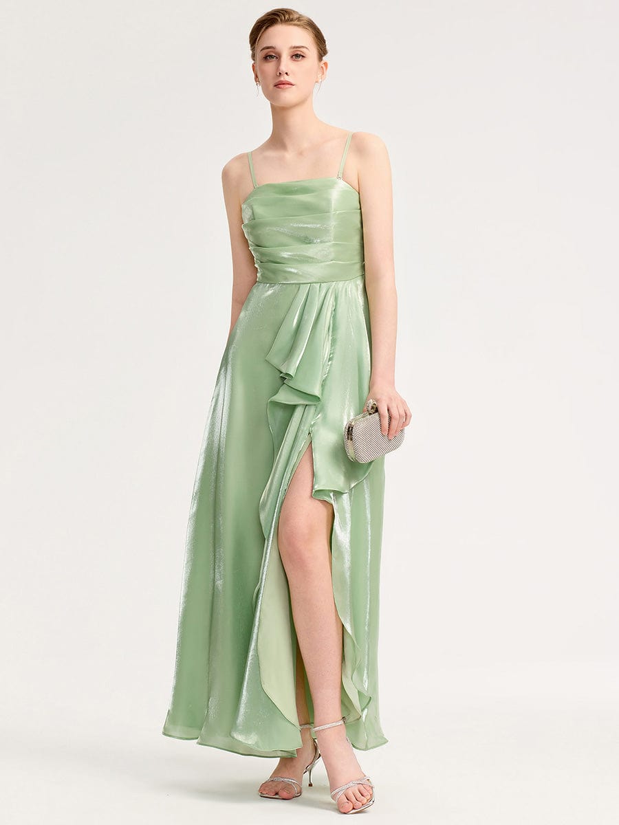 Handkerchief Side Slit Satin Evening Dress #color_Mint Green