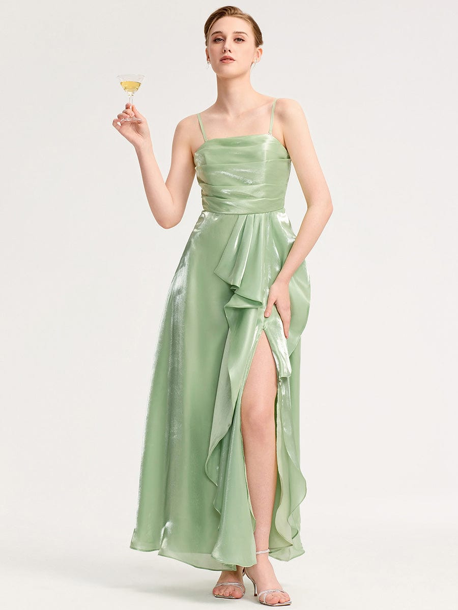 Handkerchief Side Slit Satin Evening Dress #color_Mint Green