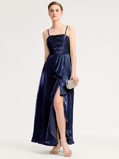 Handkerchief Side Slit Satin Evening Dress #color_Navy Blue