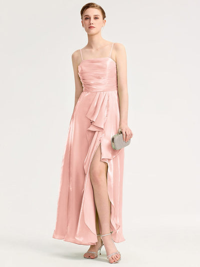 Handkerchief Side Slit Satin Evening Dress #color_Pink