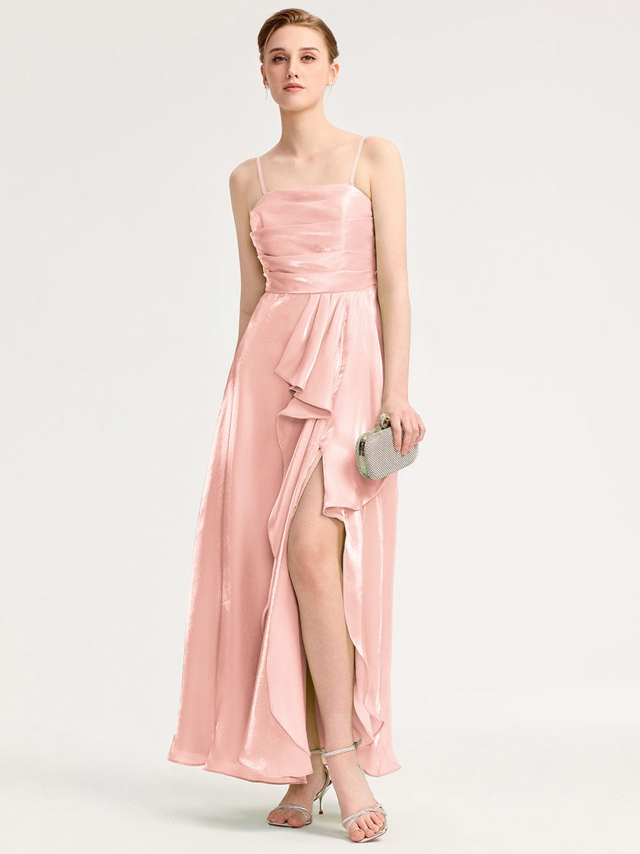 Handkerchief Side Slit Satin Evening Dress #color_Pink