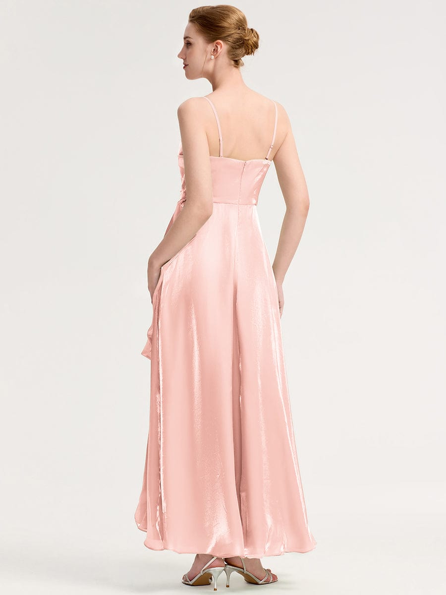 Handkerchief Side Slit Satin Evening Dress #color_Pink