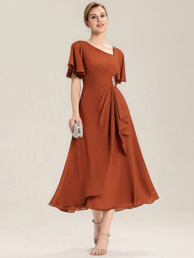 Rhinestone Embellished Chiffon Ruffle Sleeve Evening Dress #color_Burnt Orange